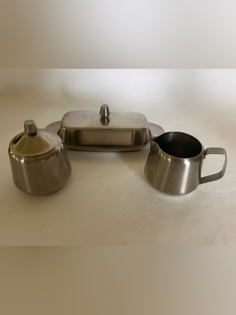Vintage MCM Stainless Steel Butter Sugar Lid Creamer Set Oneida 18/8 Japan Retro